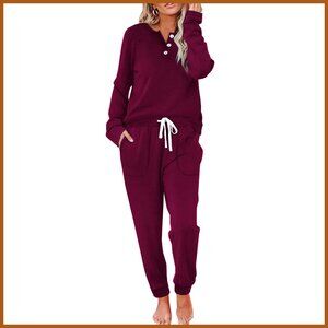Polyester Spandex Sweatsuit Set with Button Down Top and Pockets